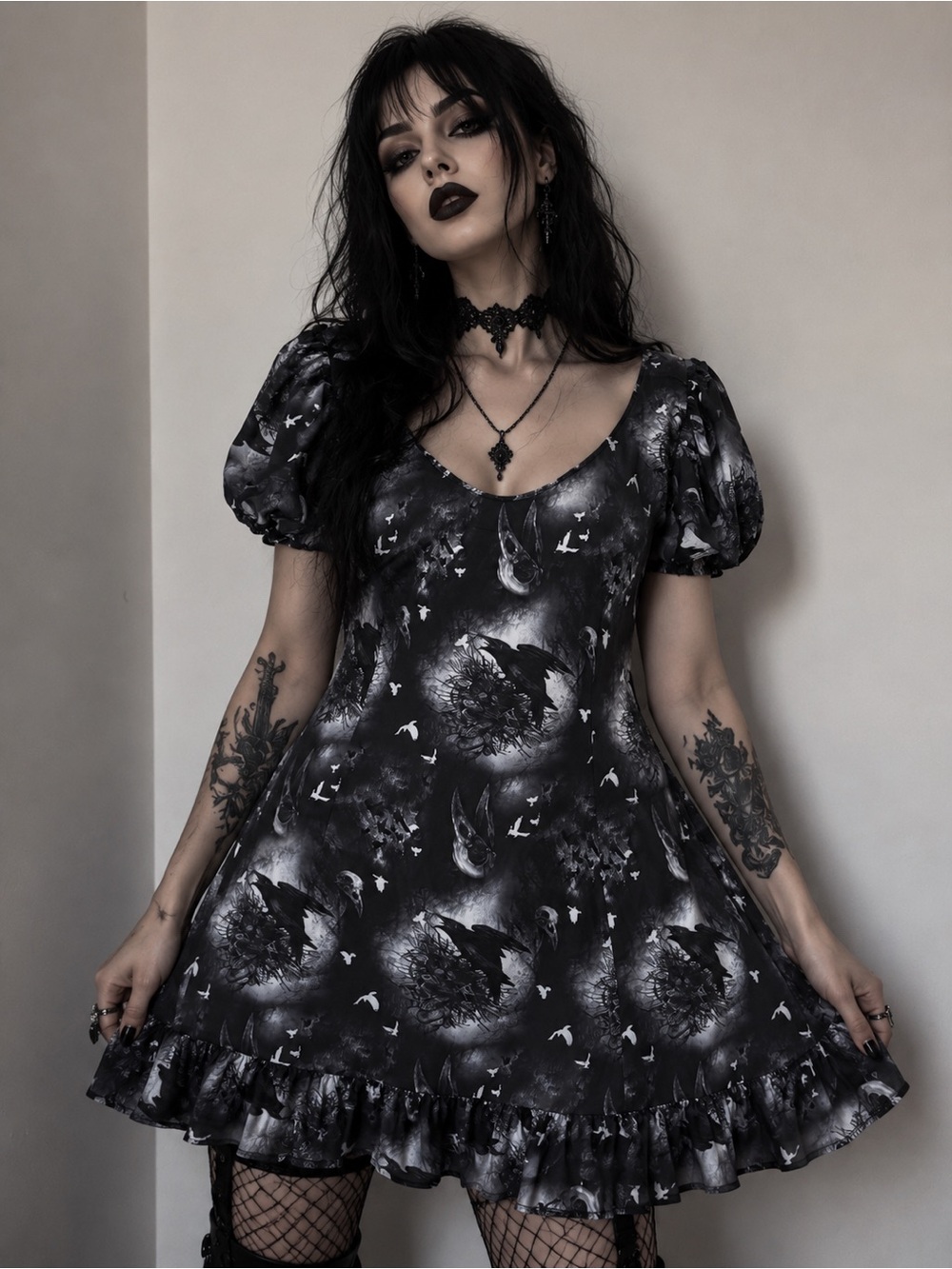 Alchemy by Spin Doctor Gothic Ruffle Hem Dress in Black